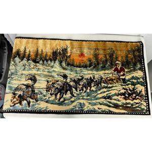 Vintage Rug Italian Woven Plush Velvet Alaskan Husky Tapestry Dogsled Clean